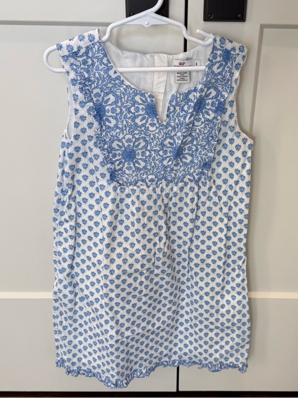 Vineyard Vines Girls’ White Dress with Blue Floral Print, Size 8